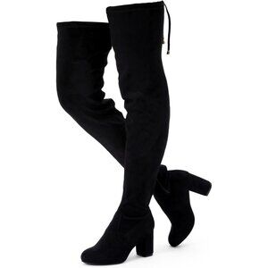 Women's Black Inner Zipper Thigh High Over The Knee High Square Heel Boots